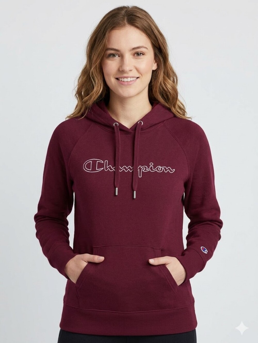 Champion Burgundy Raglan Hoodie Fleece Embroidered Logo, Size Medium